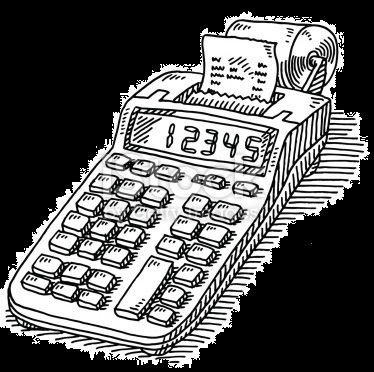 Hand-drawn vector drawing of a Adding Machine with Tape, Classic Business Calculator. Black-and-White sketch on a transparent background (.eps-file). Included files are EPS (v10) and Hi-Res JPG.